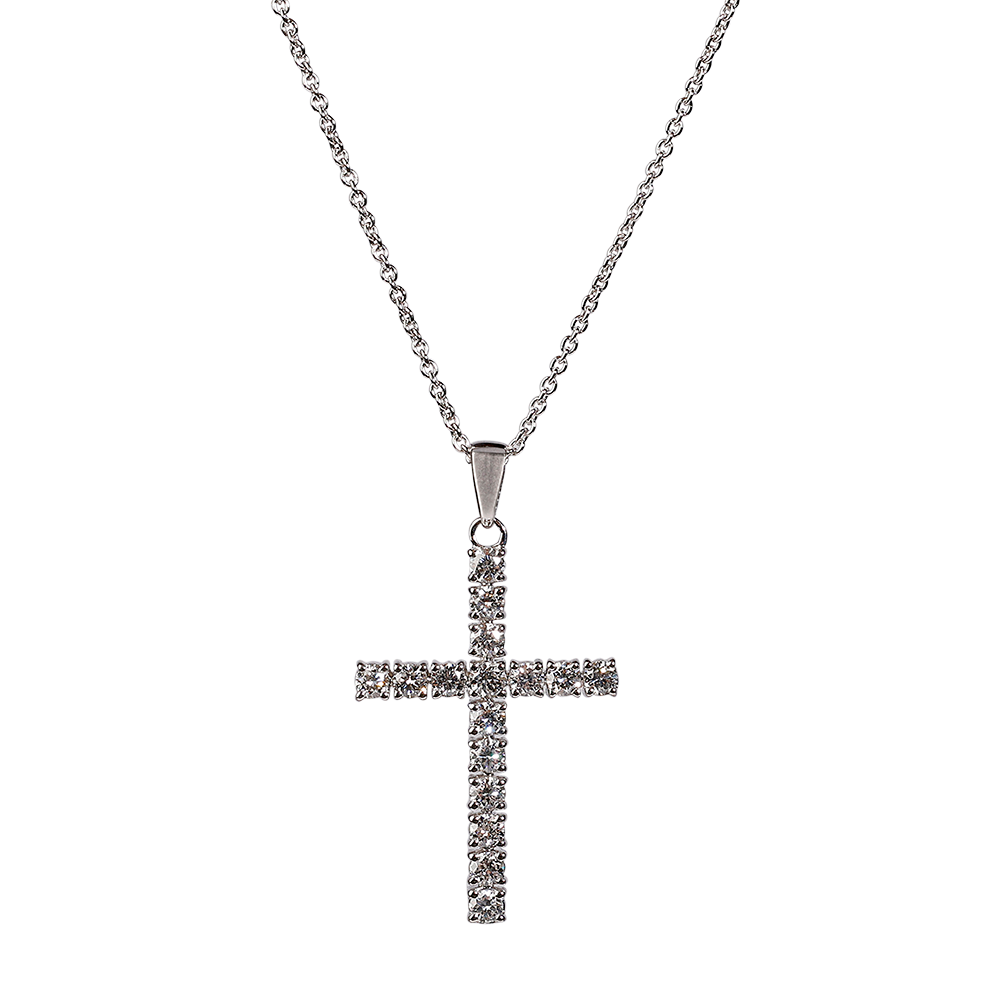 Smuk og elegant halskæde i 18kt hvidguld med et kors vedhæng beklædt med brillantslebne Top Wesselton diamanter. Selve halskæden er 44-54 cm (kan justeres i længden)
Diamantspecifikation:
- 0.5 carat
- Brillantslib
- Farve (colour) G
- Klarhed (cla
