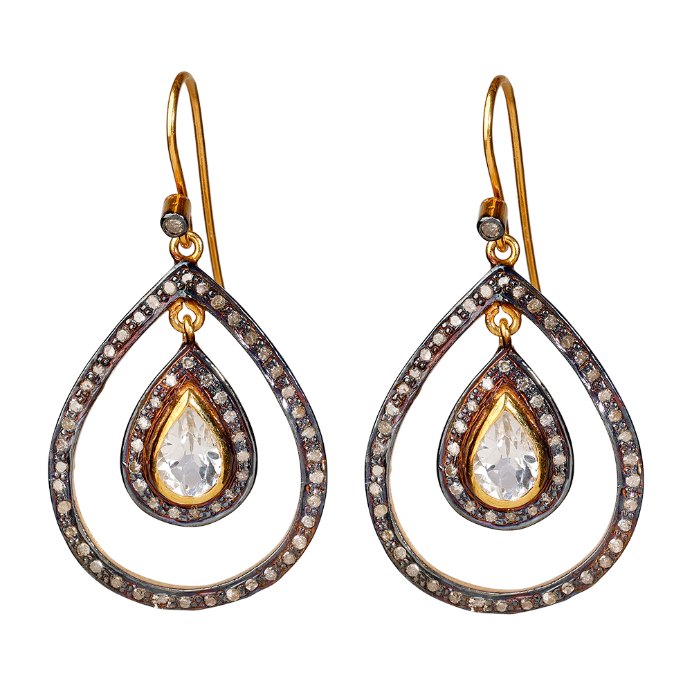 Noble Diva White øreringe med hvid topas ædelsten og diamanter i et mix af 24 kt. forgyldt sterlingsølv og sort sterlingsølv for et smukt og anderledes udtryk
Smukke, dråbeformede hoops med single-cut diamanter og en smuk citrin i midten. En meget klæd