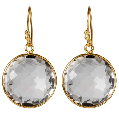 CROWN Big Round earrings with white topaz gemstone in 24kt gold-plated sterling silver