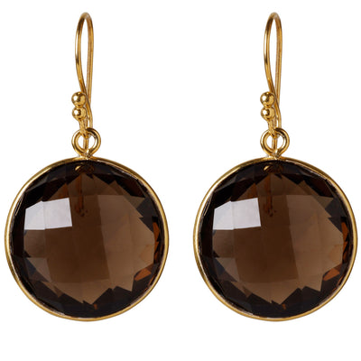 CROWN Big Round earrings with smoky topaz gemstone in 24kt gold-plated sterling silver