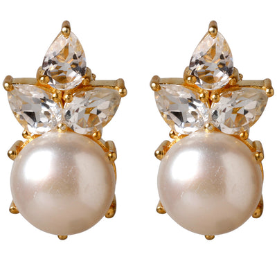 CROWN Divine stud earrings with pearl and white topaz gemstone in 24kt gold-plated sterling silver