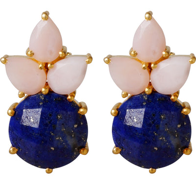 CROWN Divine stud earrings with lapis lazuli and pink opal gemstones in 24kt gold-plated sterling silver