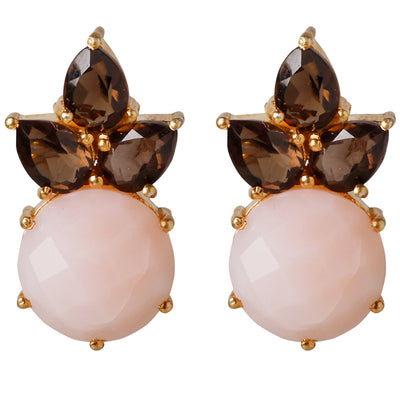 CROWN Divine ørestikker med pink opal og røgtopas ædelsten i 24kt forgyldt sterlingsølv