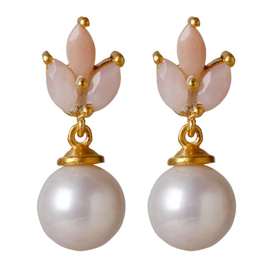 CROWN Pearly Lotus stud earrings with pearl and pink opal gemstone in 24kt gold-plated sterling silver