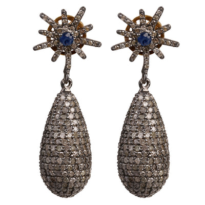 Sapphire Star Earrings with Diamonds and Blue Sapphire Gemstone in Black Sterling Silver